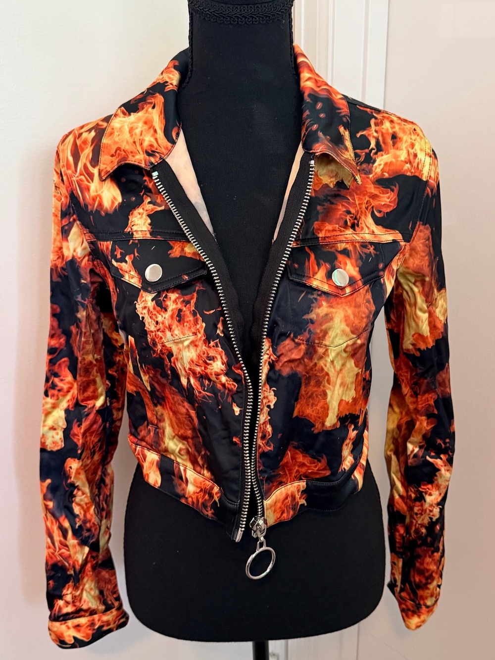 Dolls Kill Black Bomber Jacket with Orange Flame Print